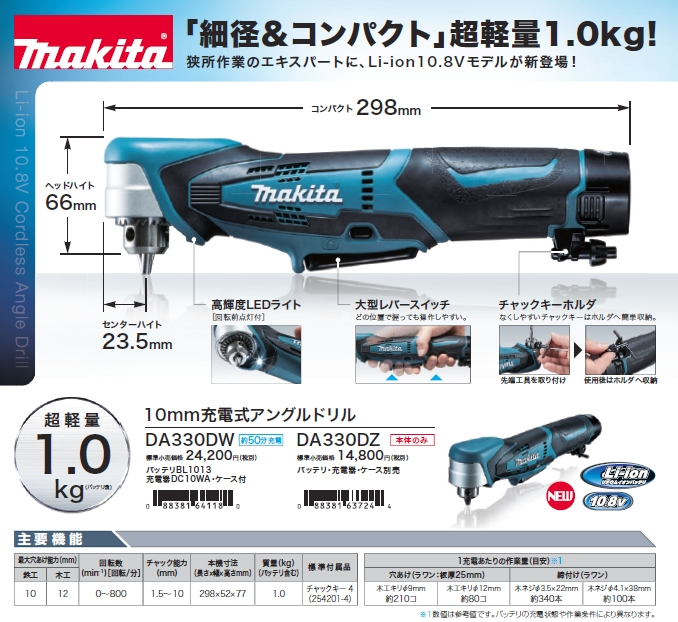 マキタ DA330DW 10.8V アングルドリル 10mm - 【通販ショップe-道具市場】