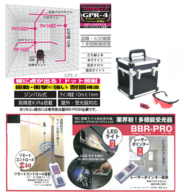 山真 高輝度 ドットレーザープロRC 墨出し器 ゴリラ GPR-4 DOT-W - 【通販ショップe-道具市場】
